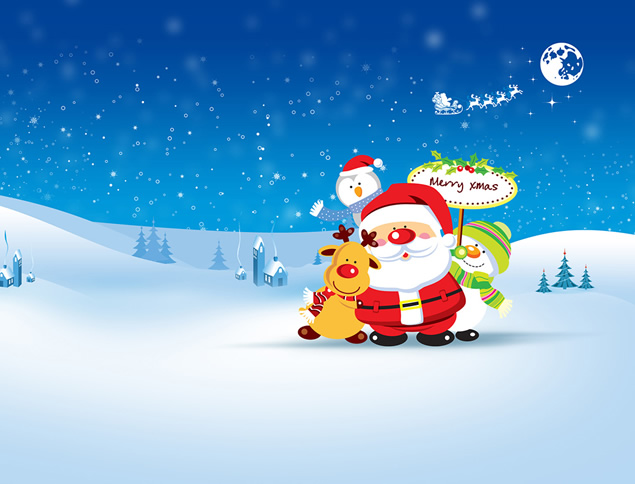 卡通圣诞老人 驯鹿 雪人——唯美矢量雪景蓝色圣诞节ppt模板-资源仓库