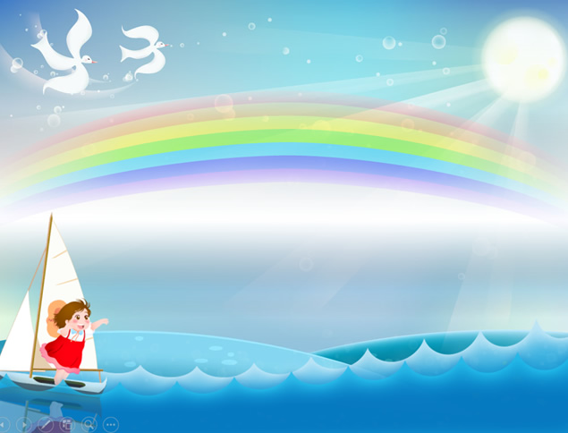 阳光彩虹动态海浪可爱小女孩划着帆船可爱卡通ppt模板-资源仓库